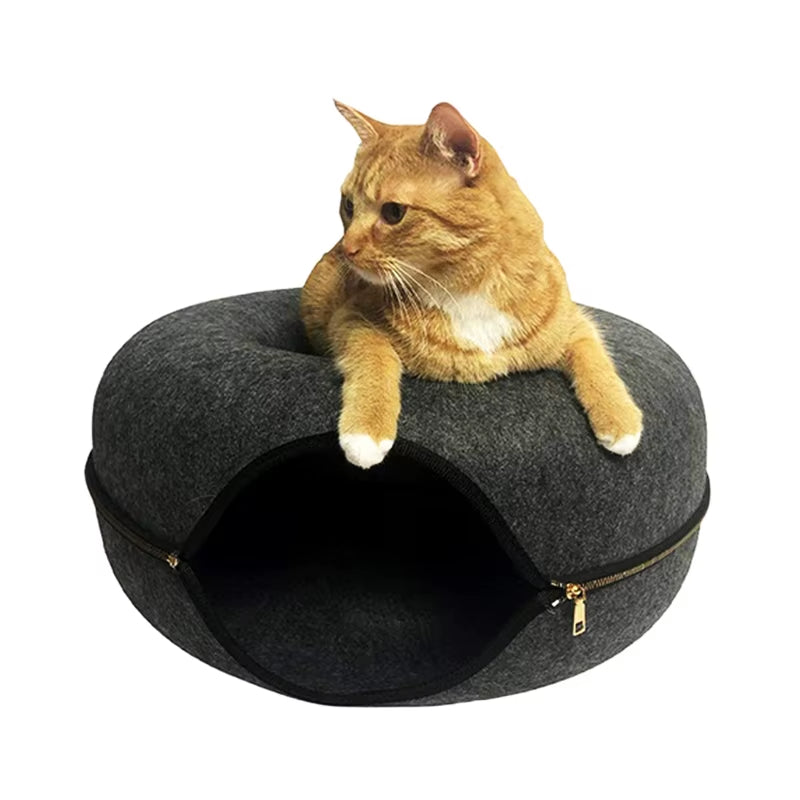 Round Tunnel Bed for Cats Removable round for Cat Toy Felt with Peephole for Cat Tube House for Small Pet Rabbit Kitten