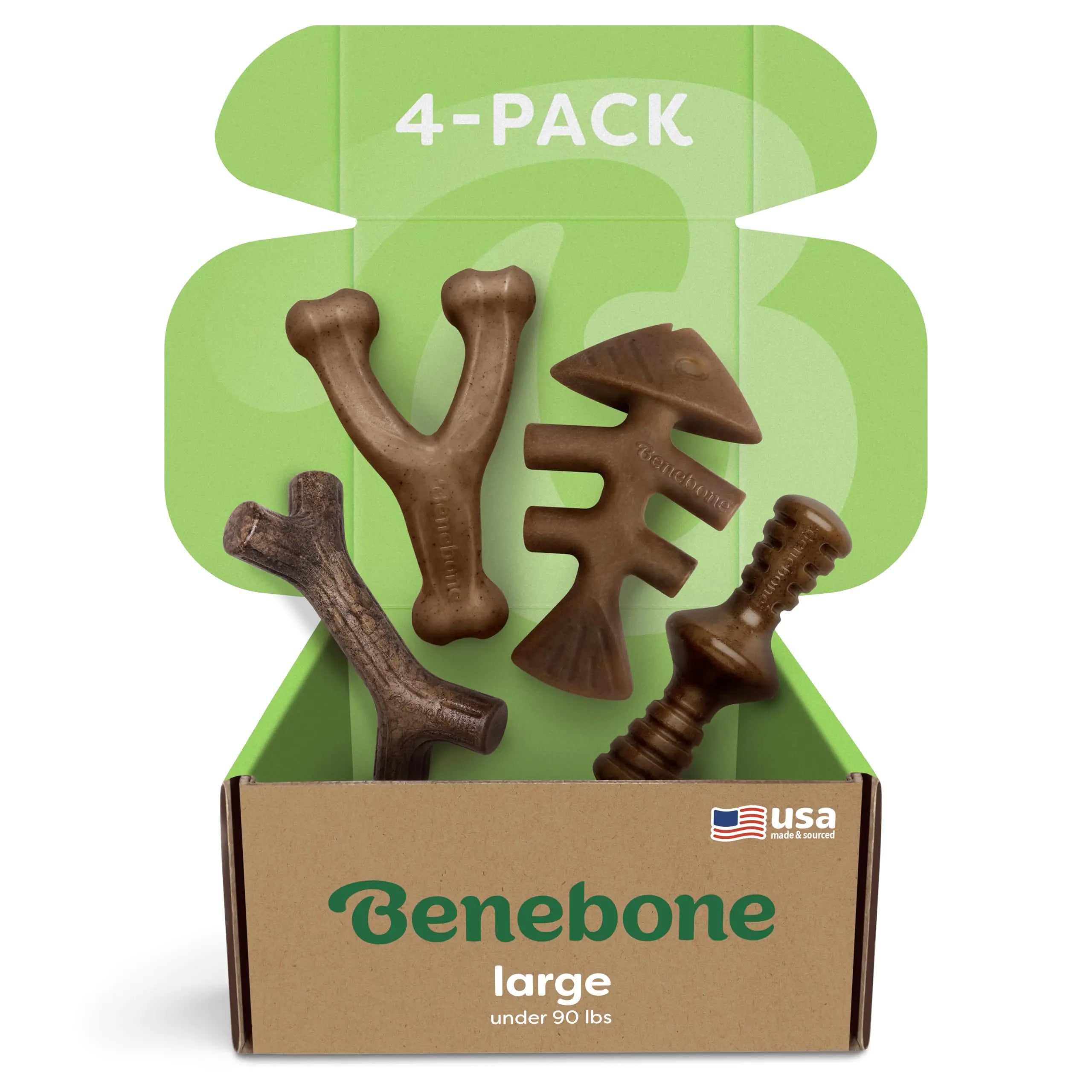 Benebone Large 4-Pack Dog Chew Toys for Aggressive Chewers Made in USA 90lbs and Under - Paw's & Price's