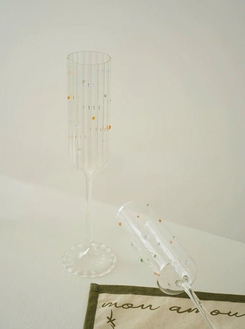 TrueTread Handblown Rainbow Sprinkles Champagne Flutes Set of 2 Pcs - Whimsical Wine Glasses