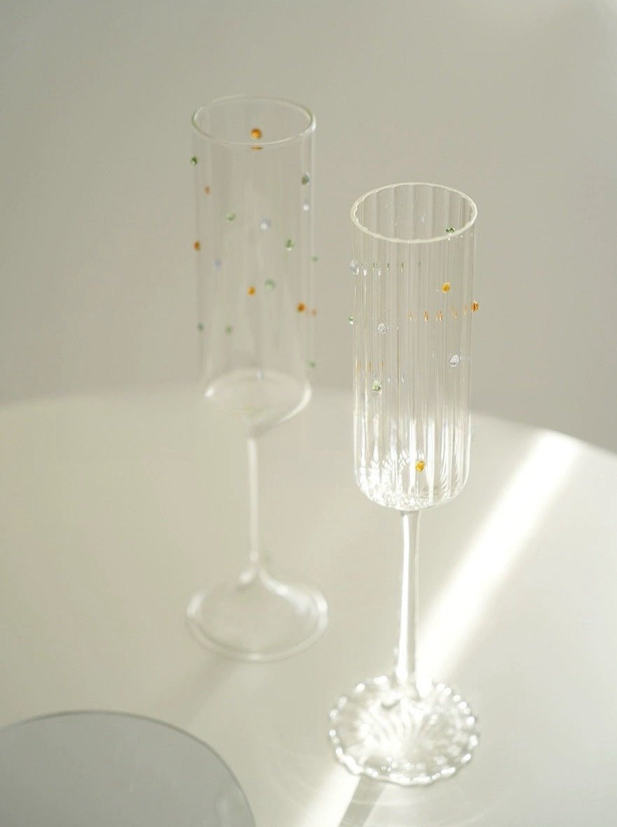 TrueTread Handblown Rainbow Sprinkles Champagne Flutes Set of 2 Pcs - Whimsical Wine Glasses