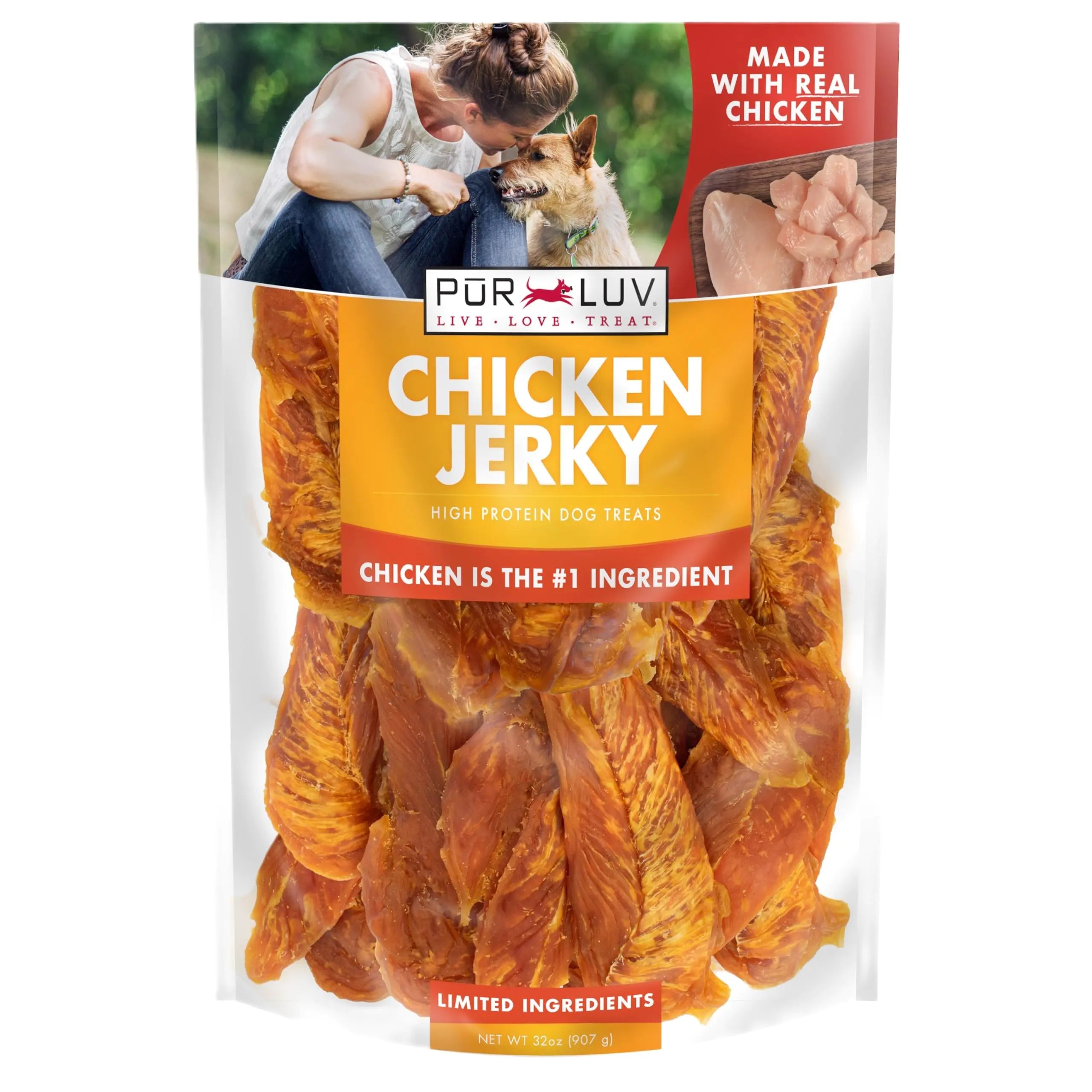 Pur Luv Dog Treats Chicken Jerky for Dogs Made with 100% Real Chicken Breast 32 Ounces Healthy Easily Digestible Long-Lasting High Protein Dog Treat Satisfies Dogs Urge to Chew