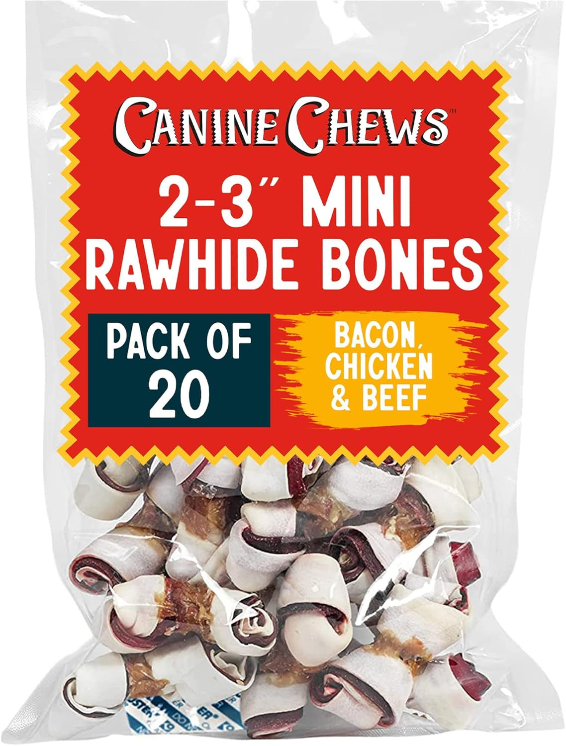 2-3" Triple Flavor Rawhide Mini Bones USA Chicken Wrapped, Beef, Pork Flavor Dog Treats for Small Dogs (20 Pack)